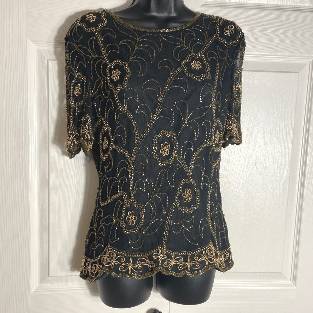 Vintage Stenay Black Beaded Silk Shirt‎ Women Large Short Sleeve 80s Evening Top